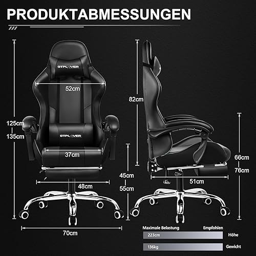 GTPLAYER Chaise Gaming, Fauteuil Gamer avec Massage Lombaire, Chaise de Gaming Repose-Pieds Rétractable, Dossier Inclinable à 135°, Siège Confortable en Cuir, Chaise Bureau, Charge 150 kg, Noir - Nail Gallerys