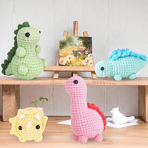 Dremisland Kit de crochet pour débutants - Lot de 4 kits de démarrage au crochet dinosaure pour adultes - Kit d'aiguilles à tricoter - Fournitures de tricot - Cadeau avec instructions étape par étape - Nail Gallerys