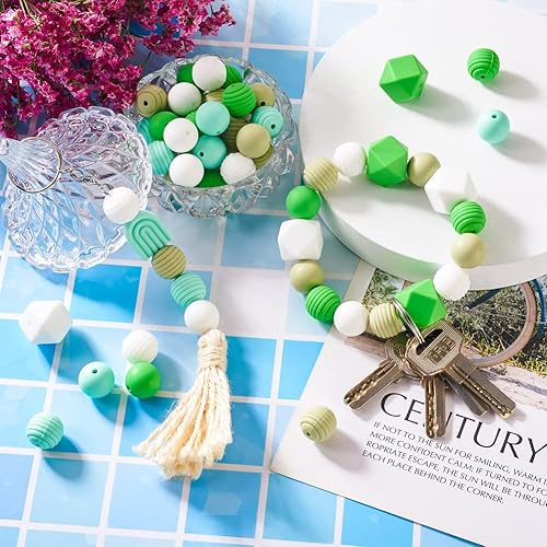 Boutigem Lot de 88 perles rondes en silicone vert arc-en-ciel hexagonales en spirale pour loisirs créatifs, porte-clés, fabrication de bijoux, Vert, 12 styles - Nail Gallerys