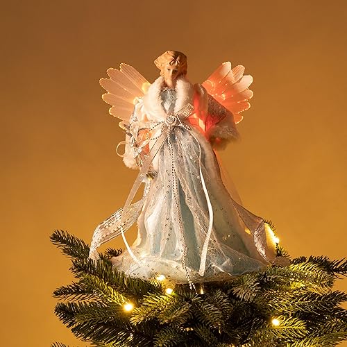 Valery Madelyn Décorations de Sapin de Noël avec Ange Bleu et Blanc,Pointe de Sapin de Noël en Forme d'ange Traditionnel,Cime de Sapin Noël avec 10 lumières LED, à Piles(Non Inclus) 31 cm - Nail Gallerys