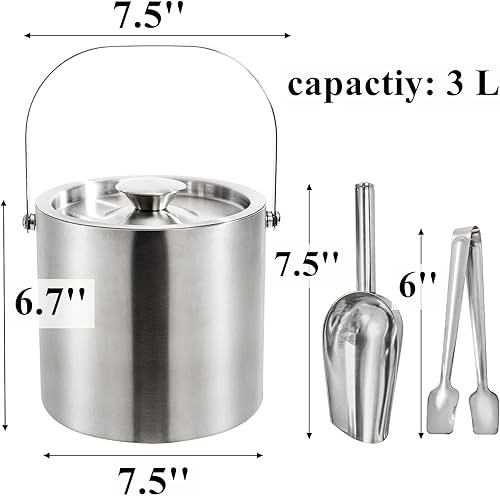 Tebery 3 L Ice Bucket, Double Wall Bar Ice Bucket Set En acier inoxydable, Seau à glace isolé avec couvercle et pinces, garde la glace froide et sèche idéal pour le bar à la maison, la fête, la bière - Nail Gallerys