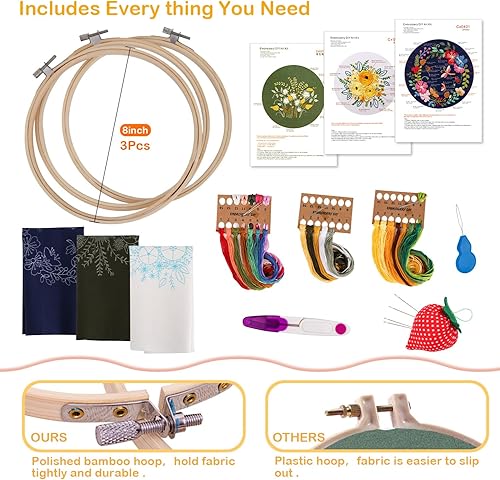 Mocoosy Kit de broderie,kit de démarrage de broderie estampé pour débutants adultes L'ensemble de point de croix comprend 3 vêtements de broderie,3 cerceaux en bambou,6 fils et des outils de couture - Nail Gallerys