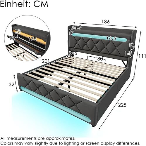 OOIILLEE Lit Double 180 x 200 avec sommier, Cadre de lit avec Port USB et Type C, éclairage LED, lit Coffre avec hydraulique, Gris, Lin (sans Matelas) - Nail Gallerys