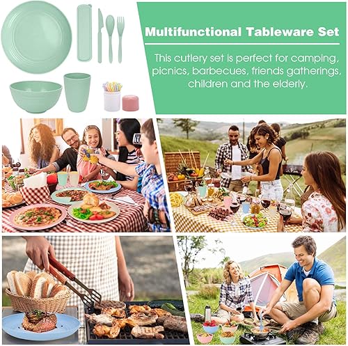 Vaisselle Camping 4 Personnes, Vaisselle en Plastique avec Assiettes Bols Gobelet Couverts Fourchettes, Assiettes Service de Table Plastique Réutilisables pour Camping, Randonnée, Pique Nique, Fête - Nail Gallerys