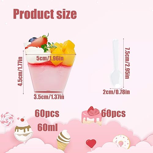 Xmart 60 pièces 60 ml Verrine Plastique Aperitif avec 60 Cuillères à Dessert Verrines Plastique Réutilisables Mini Gobelets à Dessert Carrés Trasparente pour Mousse Pudding Crème Glacée - Nail Gallerys