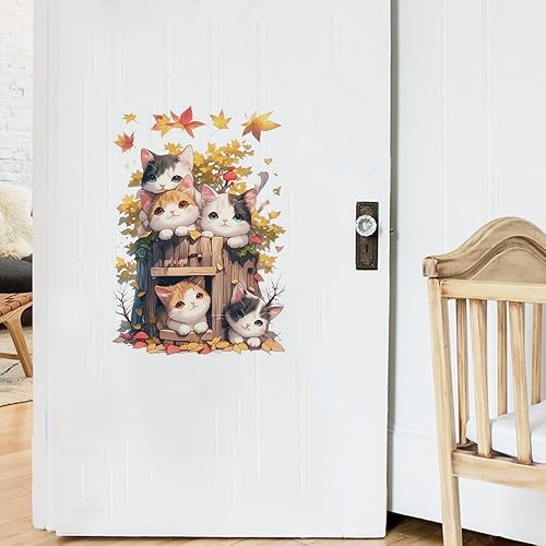 Lot de 2 feuilles d'autocollants chat - 38 x 55 cm - Chats avec automne - Feuilles d'érable autocollantes - Couvercle en PVC - Mignon - Pour maison, fête, magasin, cuisine, réfrigérateur, salle de - Nail Gallerys