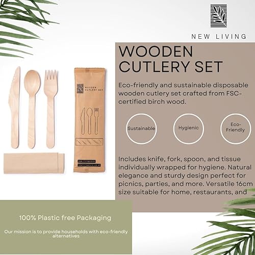 Lot de 40 couverts jetables en bois | Couteau, fourchette, cuillère et mouchoir de soie de 16 cm emballés individuellement | Couverts de pique-nique ou de mariage | Écologiques, biodégradables et - Nail Gallerys