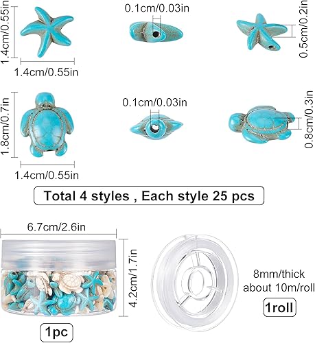 SUNNYCLUE 1 Boîte 100Pcs 4 Styles Perles de Tortue de Mer Turquoise Étoile de Mer Perle Synthétique Charmes de Tortue Étoile de Mer Sculpté Océan Animal Spacer Perles Fil Élastique pour Bracelets - Nail Gallerys