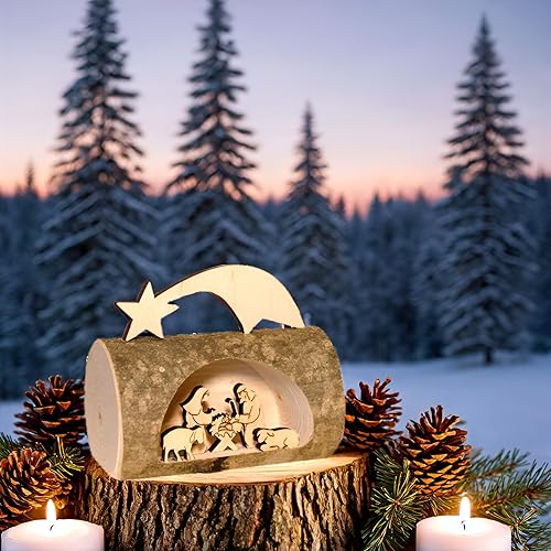 Kaltner Präsente Crèche de Noël en bois avec Jésus Marie et enfant dans un tronc d'arbre avec écorce du Tyrol du Sud - Nail Gallerys