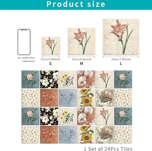 DOTBUY-SHOP Fleurs d'art Autocollant Carrelage pour Cuisine Salle de Bain, Autocollant Carreaux 24PCS Auto-Adhésif Stickers Carrelage Résistant à la Chaleur Stickers Carreaux (Fleurs,10x10cm) - Nail Gallerys
