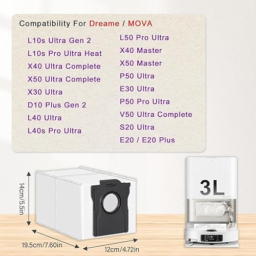 BAMBOOST Lot de 14 sacs à poussière et accessoires pour robot aspirateur Dreame L10s Pro Ultra Heat/X40 Ultra/X50 Ultra/L40 Ultra/MOVA E30 Ultra/L20 Ultra/L20 Ultra Pièces de rechange, en microfibre - Nail Gallerys