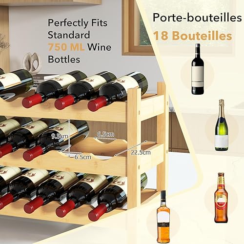 HOMFME Range Bouteille en Bambou Massif Robuste, Étagère à 3 Niveaux pour 18 Bouteilles sur Table, Design Incliné, 62 x 24 x 38 CM, Casier à Vin pour Bar, Salon, Salle à Manger, Naturel - Nail Gallerys