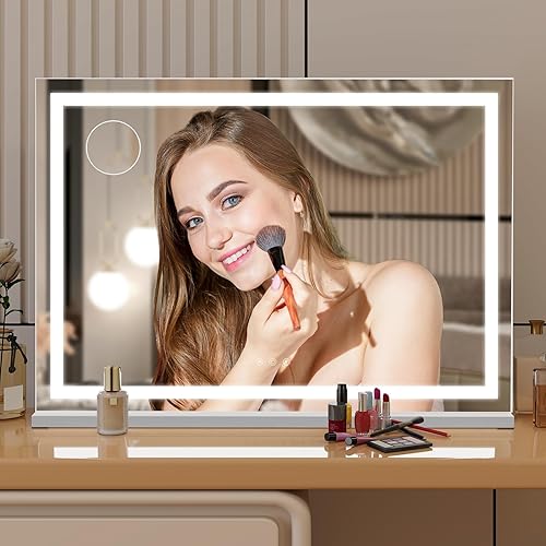 YU YUSING Hollywood Miroir de maquillage avec éclairage, 80 x 56 cm, miroir hollywoodien, avec 3 températures de couleur, à intensité variable, grand miroir cosmétique, miroir de table avec - Nail Gallerys