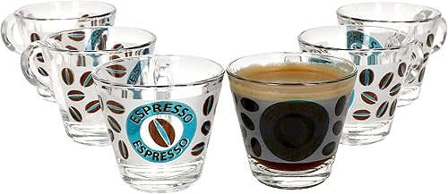 MamboCat Cremona Lot de 6 tasses à expresso en verre avec anse - Bleu - 60 ml - Aspect verre dépoli avec grains d'expresso et inscription - Alternative pour Lungo, Americano, Ristretto & Co - Nail Gallerys