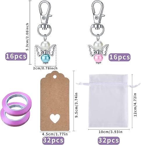 Qunkun Lot de 32 Porte-clés Ange Gardien + 32 pendentifs en Papier Kraft + 32 sachets en Organza Blanc + 2 Rouleaux de Rubans Roses pour Anniversaire, baptême, Mariage, Communion, fête - Nail Gallerys