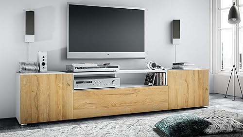 Vladon Buffet Bas Mogan, Meuble TV avec 2 Portes, 1 clapet et 1 Compartiment Ouvert, Blanc Mat/Chêne Nature (181 x 39 x 35 cm) - Nail Gallerys
