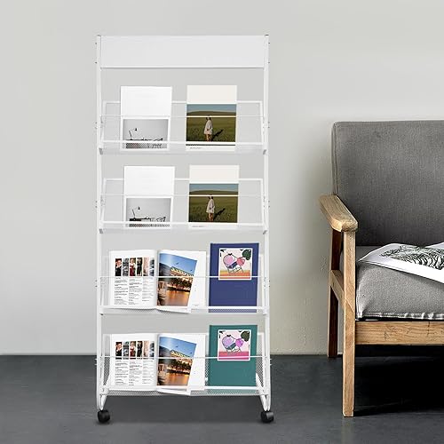 SuhoFutus Porte-revues à 4 niveaux, support de littérature au sol avec 4 roues, présentoir pour bureau, bibliothèque et zone de réception, en acier, porte-brochures A4, porte-journaux (blanc) - Nail Gallerys