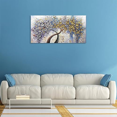 Fokenzary Peint à la main abstrait moderne fleurs épaisses effet 3D couteau peinture sur toile encadrée prête à accrocher (50x100 cm) - Nail Gallerys