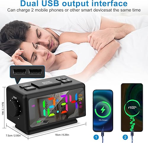 Radio Reveil Digital, Réveil Numérique, LED Horloge Digitale, avec 2 Modes d'Alarme, Minuterie, Réveil Digital avec Gradateur Continu, Volume de l'alarme Réglable, Snooze, 12/24H, Port USB (Noir) - Nail Gallerys