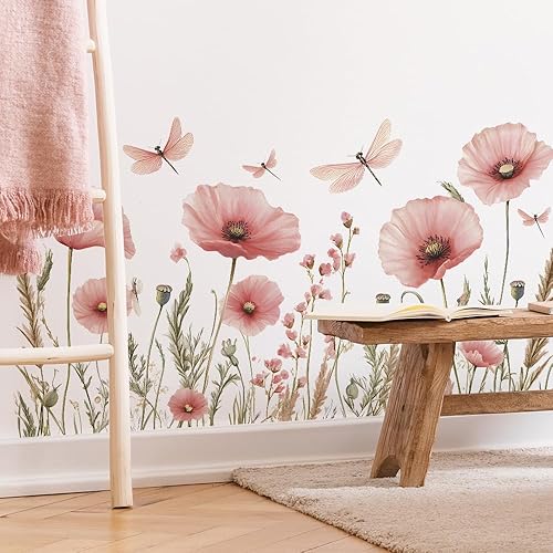 Stickers Muraux Coquelicot Aquarelle, Autocollants Muraux Libellules Fleurs Roses, Décoration Murale pour Chambre Salon Salle de Bain - Nail Gallerys