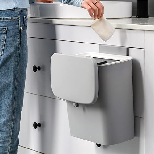 YISSALE Poubelle de cuisine avec couvercle - 9 L - Grise - Polypropylène - Suspendue - Mini - Pour cuisine, salle de bain, bureau et chambre à coucher - Nail Gallerys