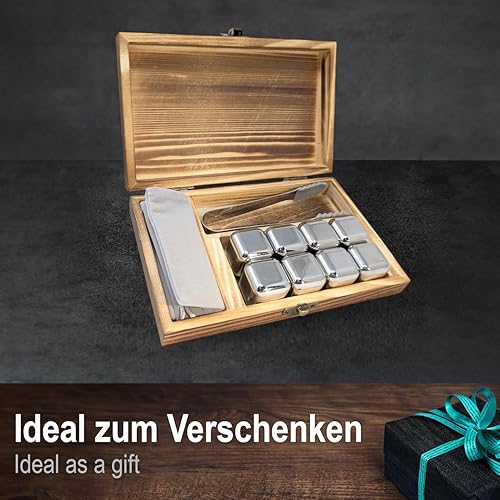 COM-FOUR® Coffret Cadeau Pierres à Whisky - 8X glaçons en Acier Inoxydable (2,7 cm) avec Pinces et Sac en Acier Inoxydable - Pierres à glaçons réutilisables (08 pièces avec Coffret Cadeau) - Nail Gallerys