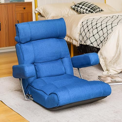 RELAX4LIFE Fauteuil de Sol Pliable avec Dossier Réglable 90-180°|Appui-Tête Réglable|Support Lombaire|Position à Plat|Accoudoirs Rabattables, Fateuil Relaxant pour Salon Chambre Bureau (Gris) - Nail Gallerys