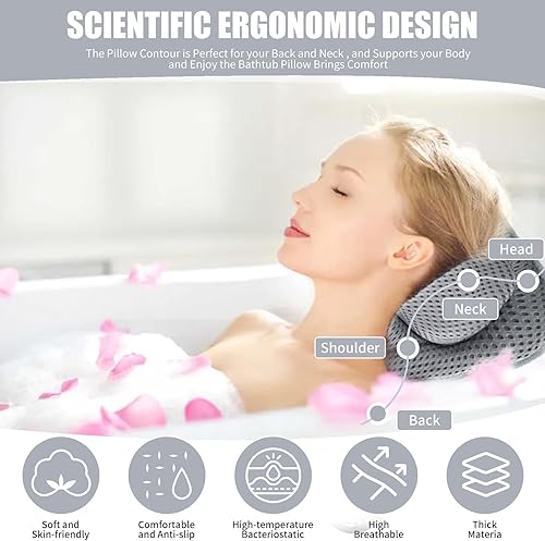 Snarflun Coussin de Baignoire pour Nuque et Dos avec 6 Ventouses - Confort pour Salle de Bain (Gris) - Nail Gallerys