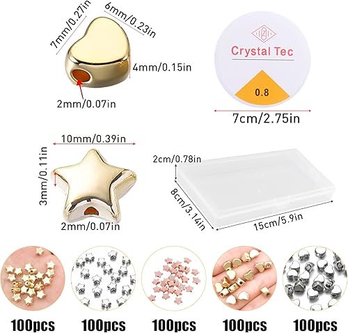WACH AUF 500 Pièces 6 MM Perles Coeur + Perles étoiles + 1 Rouleau Fils Perles Élastiques Perles en Forme Cœur pour Bracelets avec Trou Percé Breloques Coeur pour Collier Bracelet (Or,Argent,Rose) - Nail Gallerys