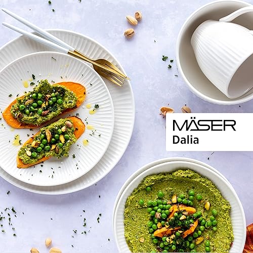 MÄSER Série Dalia Service de petit-déjeuner pour 6 personnes en porcelaine hôtelière 18 pièces au design vintage intemporel blanc, porcelaine durable - Nail Gallerys