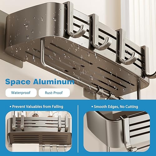 suufrue Etagere Douche sans Percage, 2 pièces etagere salle de bain, Avec 8 crochets et porte-serviettes, grande capacité de charge, Aluminium spatial antirouille étagère salle de bain - Nail Gallerys