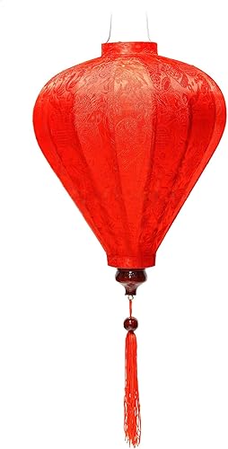 Lampion Traditionnel Asiatique en Soie Rouge M, Diamètre Ø29cm - Lanterne de Hoi an en Tissu, Bambou et Bois, Fait Main - Décoration d'Asie et Artisanat du Vietnam (M20-R) - Nail Gallerys