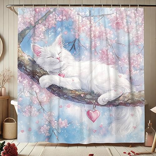 Rideau de douche motif chat mignon blanc avec branches de cerisier - Décoration de salle de bain - Printemps été - Tissu imperméable - Avec crochets - 183 x 198 cm - Nail Gallerys