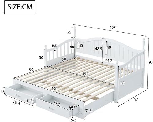 Zubaliya Canapé lit 2 Places Convertible avec gigogne 90x190,avec tiroirs et sommier à Lattes,Cadre de lit canape 180x190,en Bois Massif avec Dossier et accoudoirs incurvés(sans Matelas) (White) - Nail Gallerys