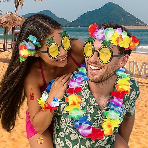 LMSHOWOWO Chaînes hawaïennes, décoration hawaïenne, chaîne de fleurs, 6 guirlandes hawaïennes et 1 paire de lunettes de soleil ananas, pour robe, favoris, plage et anniversaires à thème - Nail Gallerys