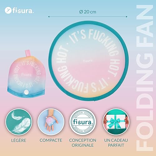 fisura. – Éventail rond pliable It’s f*cking hot. Ventilateur compact au design dégradé. Modèle pliant idéal pour l’été et les festivals. 1 unité, diamètre 20 cm - Nail Gallerys