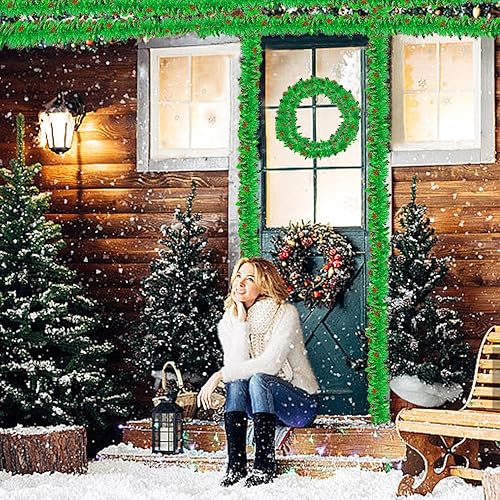 9PCS x 2m Guirlandes Tinsel Noë Guirlande De Noel Sapin Tinsel Guirlande avec Baies Rouges Holly Leaves Arbre de Noël Portes Fenêtres Cheminée Fête de Noël Décoration Intérieure Extérieure, Vert - Nail Gallerys