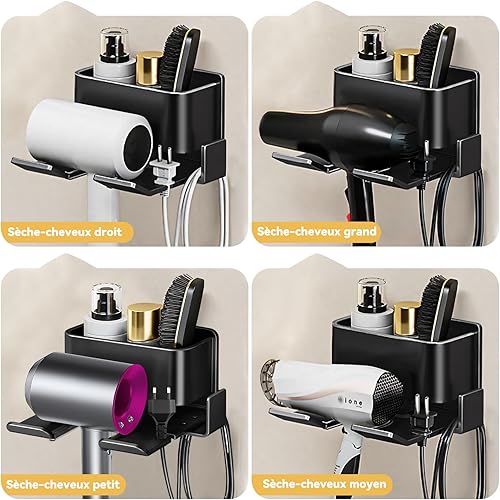 Yichalodge Support Seche Cheveux Porte Seche Cheveux Mural Autocollant sans Percer avec Support de Rangement Brosse pour Salle de Bain Hôtel de Chambre à Coucher - Nail Gallerys