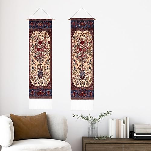 PLIGREAT 2 Pack Tapisserie murale vintage, Boho Flower Tapisserie avec glands Mandala esthétique Tenture murale Folk Floral Art décoratif Tapisserie pour chambre à coucher Salon Long Art mural étroit - Nail Gallerys