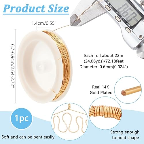 NBEADS 22 m 22 Gauge(0.6mm) Fil de Cuivre Plaqué Or 18K, Fil de Cuivre Bijoux Fil de Fer Souple Loisir Creatif Fil Résistant au Ternissement Fil Métallique de Sculpture pour la Fabrication de Bijoux - Nail Gallerys