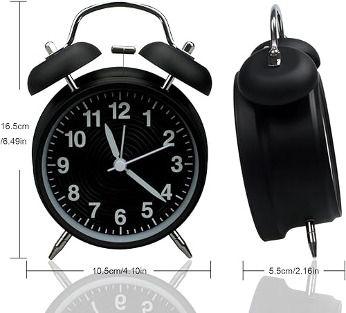 Homchen – Réveil à deux cloches - 10 cm - Sans tic-tac – Fonctionnant avec des piles – Alarme bruyante à l’ancienne – Avec veilleuse pour chambre à coucher - Nail Gallerys