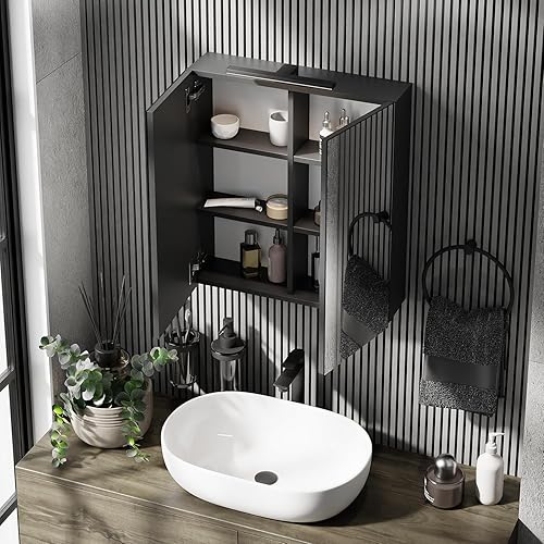 Planetmöbel Merkur Armoire de salle de bain à miroir avec éclairage de 60 cm de large - Armoire de salle de bain suspendue avec miroir - Éclairage LED chromé - Chêne doré - Nail Gallerys