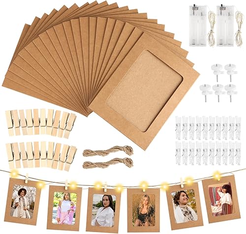 Lot de 20 cadres photo en papier kraft avec pinces - Guirlande lumineuse LED - Cadre photo avec cordon - Guirlande photo pour images, chambre, salon, Noël, mariage, fête - Nail Gallerys