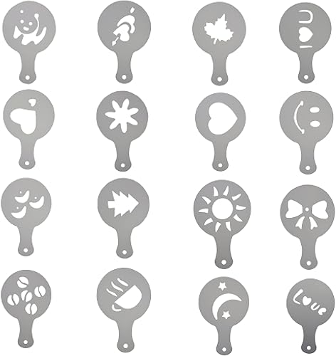 Shaker à chocolat avec 16 pochoirs à café pour les amateurs de café - Décoration de café et de gâteaux, avec saupoudreur - Nail Gallerys