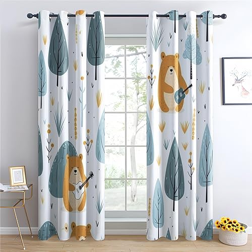 Rideau Occultant Thermiques Enfant Ours Animaux de la Forêt - Lot de 2 Rideaux Imprimé pour Salon Chambre Fenetre Cuisine, Rideaux et Draperies Intérieurs à Oeillets, 110x215 cm (LxH) - Nail Gallerys