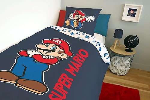 Mario - Housse de Couette Super Mario 140x200 cm + 1 Taie d'oreiller 63x63 cm - 100% Coton - Bleu Marine - Nail Gallerys