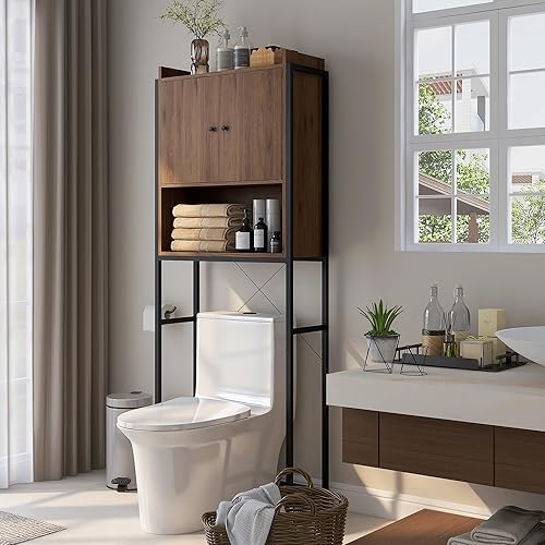 kleankin Meuble étagère Dessus WC étagère de Salle de Bain Placard 2 Portes et Niche - 68 x 25,5 x 172,5 cm Marron Noir - Nail Gallerys