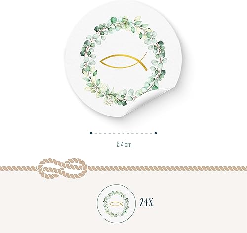 Autocollants communion et baptême, Lot de 24: Stickers ronds avec eucalyptus et poisson doré, pour décoration baptême, confirmation ou mariage, cartes, cadeaux et scrapbooking, vert & or, Ø 4 cm - Nail Gallerys
