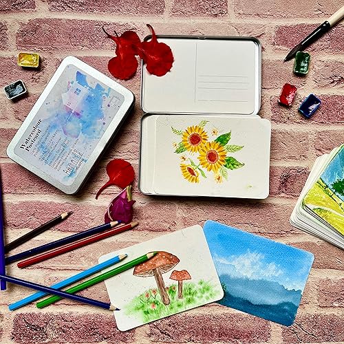 Cartes postales en papier aquarelle tumuarta 10.2 x 15.2 cm, papier coton, 63.5 kg/300 g/m², presse à froid, sans acide, 24 cartes postales, boîte en étain et éponge d'artiste - Nail Gallerys