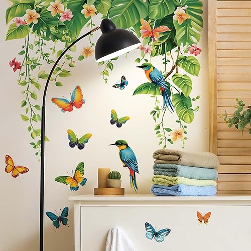 Stickers Muraux Feuilles Plantes Autocollant Murale Suspension Feuilles Tropicales Vertes Fleurs Oiseaux Papillons Décoration Murale pour Salon Chambre Canapé Arrière-plan - Nail Gallerys